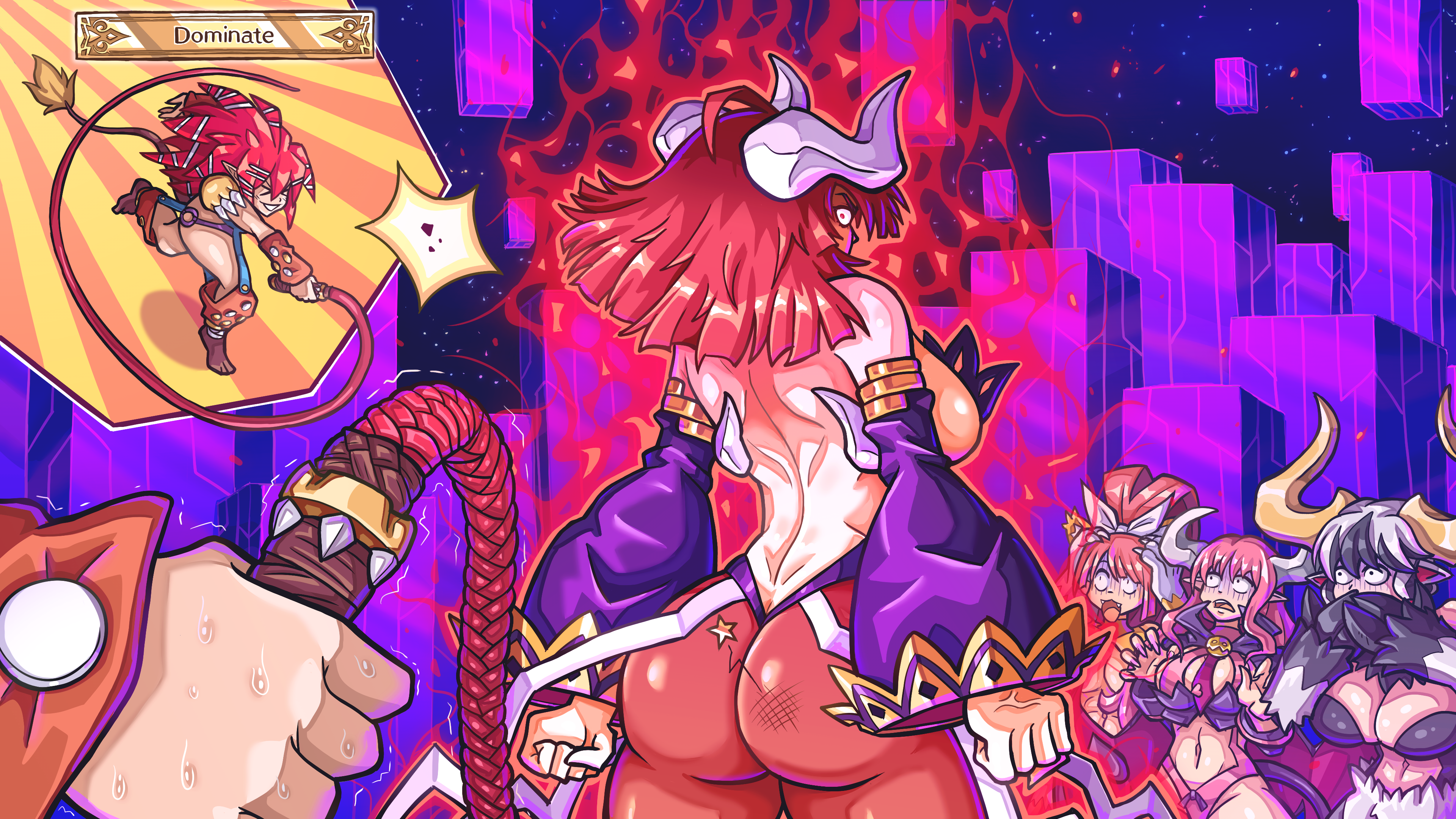 beast master (disgaea), evil eye (disgaea), maou prier, nekomata (disgaea), prier, succubus (disgaea), disgaea, la pucelle, absurdres, highres, 5girls, angry, animal ears, animal hands, ass, aura, bare shoulders, black hair, breasts, cat ears, cat girl, cleavage, cow ears, cow girl, cow horns, demon girl, demon horns, demon tail, demon wings, gold horns, hand on own face, horns, huge horns, huzuro, large breasts, long hair, monster girl, multicolored hair, multiple girls, nekomata, open mouth, pink hair, pointy ears, ponytail, red hair, revealing clothes, scared, sweat, sweatdrop, tail, weapon, whip, white hair, wings
