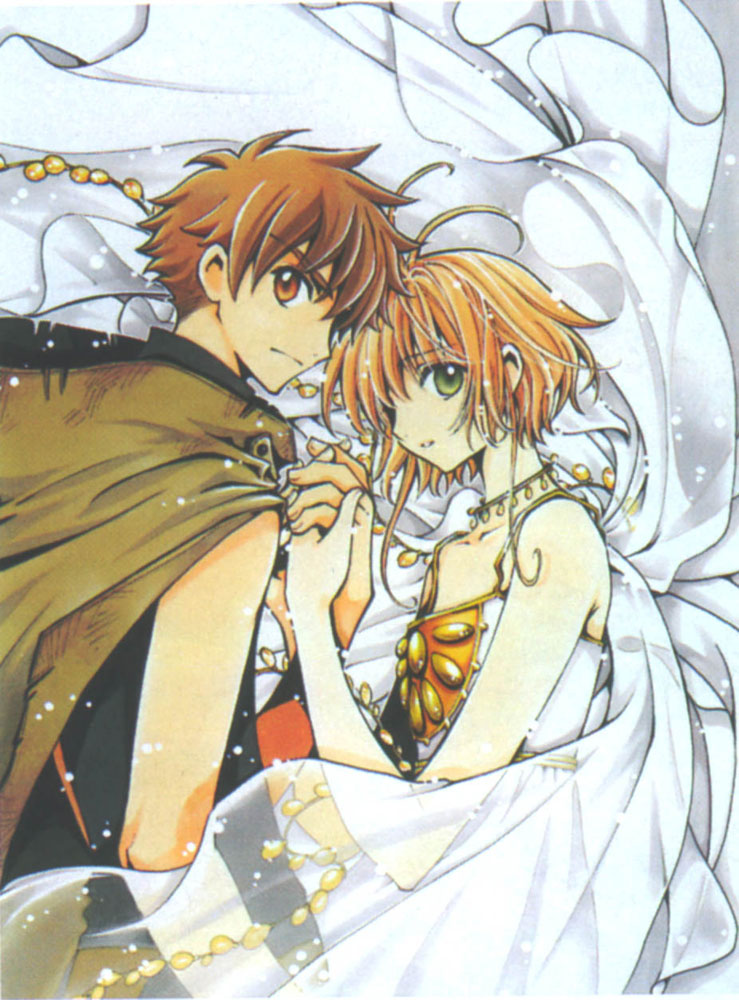 clamp, sakura hime, xiaolang, tsubasa chronicle, jpeg artifacts, official art, 00s, bare shoulders, brown eyes, brown hair, cape, dress, green eyes, looking back, red hair, short hair