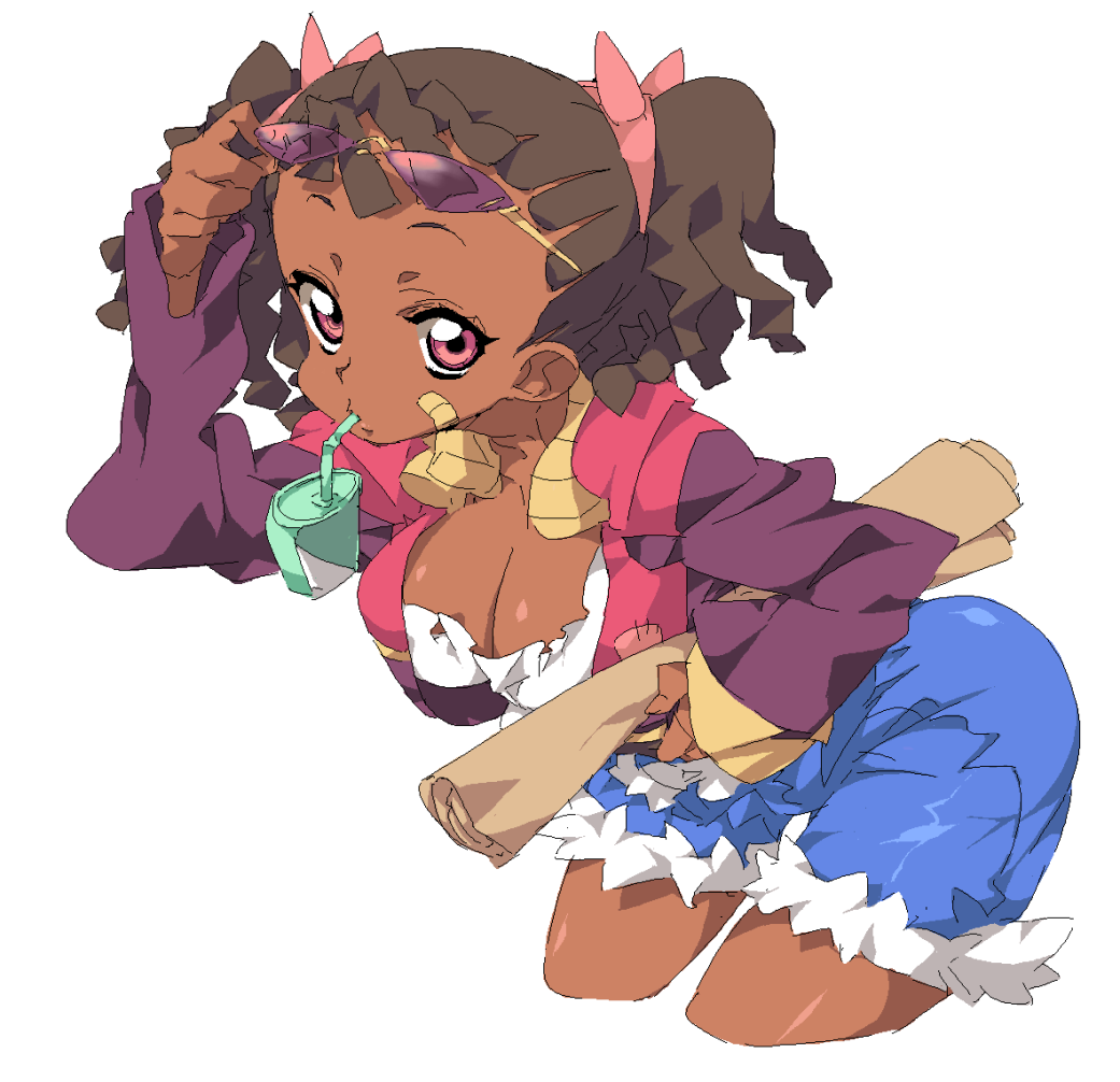 arabasuta, kugimiya atsuki, ayukawa miyuki, basquash!, bad id, bad pixiv id, 00s, 1girl, bandaid, bandaid on face, bow, breasts, brown hair, cleavage, cropped legs, cup, cutoffs, dark-skinned female, dark skin, denim, denim shorts, dreadlocks, drinking straw, female focus, hair bow, hair ribbon, jacket, looking up, map, moe (phrase), pink eyes, ribbon, shorts, simple background, solo, sunglasses, twintails, very dark skin, white background