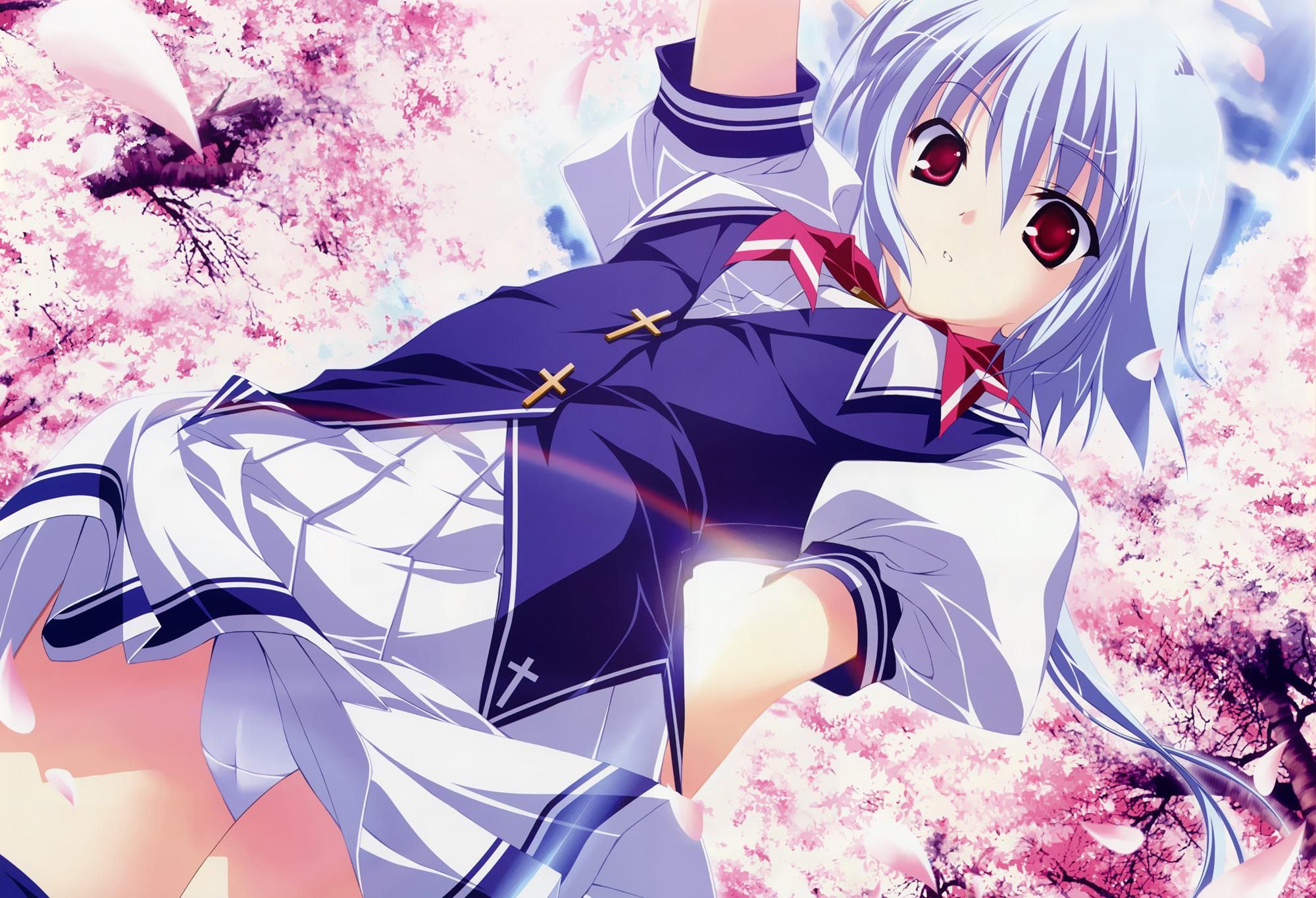 fumio (ura fmo), kuu (lyrical lyric), lyrical lyric, highres, 1girl, blue hair, cherry blossoms, female focus, from below, panties, pantyshot, red eyes, school uniform, short hair, solo, underwear, white panties