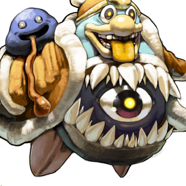koki (ryoushikiha), dark matter (kirby), gooey (kirby), king dedede, kirby's dream land 3, kirby (series), nintendo, crazy eyes, crazy smile, creepy, eye focus, glowing, horror (theme), simple background, smile, teeth, tongue, transformation, what, white background