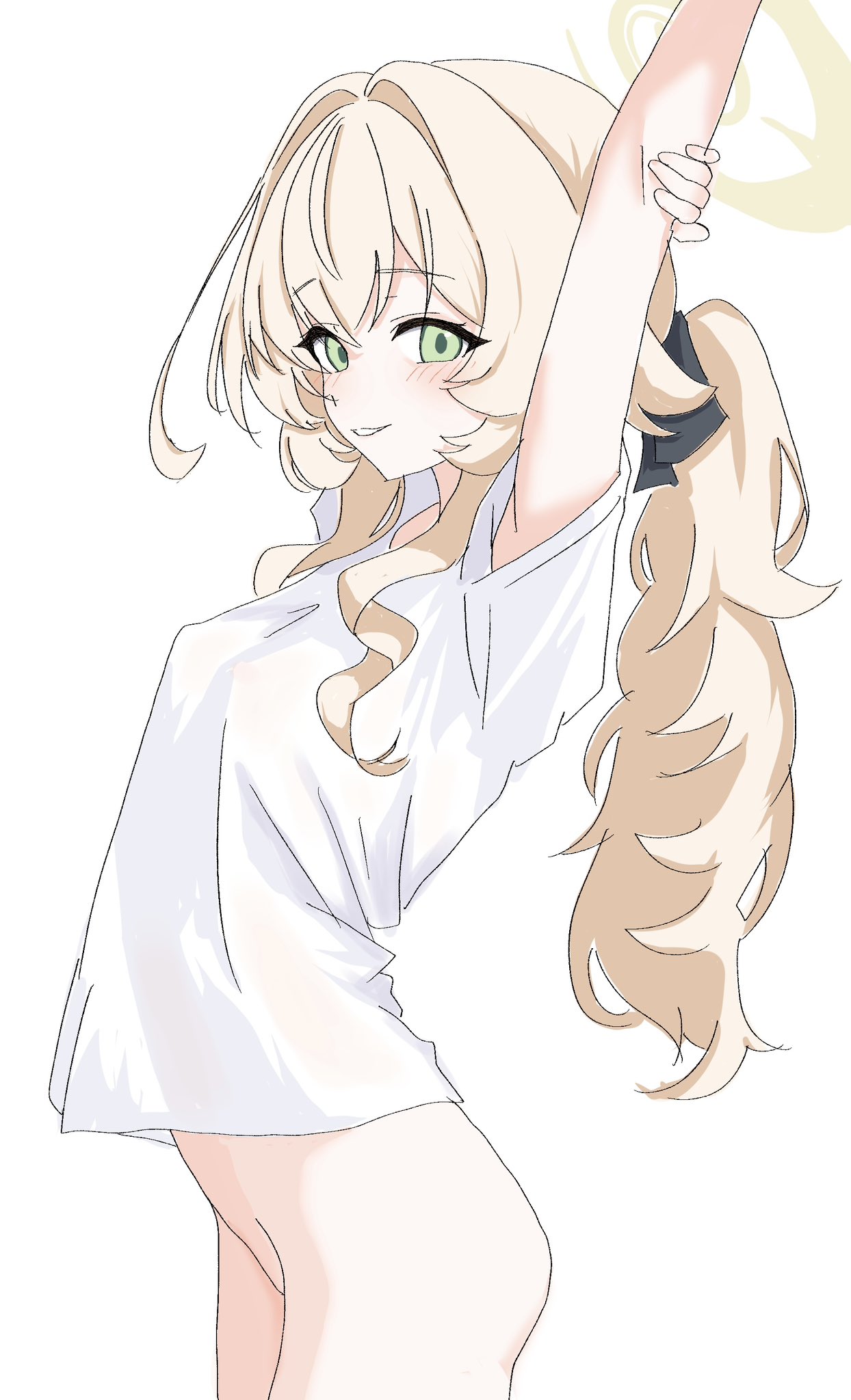 kamitosayu, professor niyaniya (blue archive), blue archive, highres, 1girl, armpits, arms up, ass, blonde hair, bottomless, bow, breasts, cowboy shot, facing to the side, green eyes, grin, hair between eyes, hair bow, halo, looking at viewer, no panties, ponytail, see-through clothes, see-through shirt, shirt, side ahoge, sidelocks, simple background, small breasts, smile, solo, t-shirt, white background, white shirt, yellow halo
