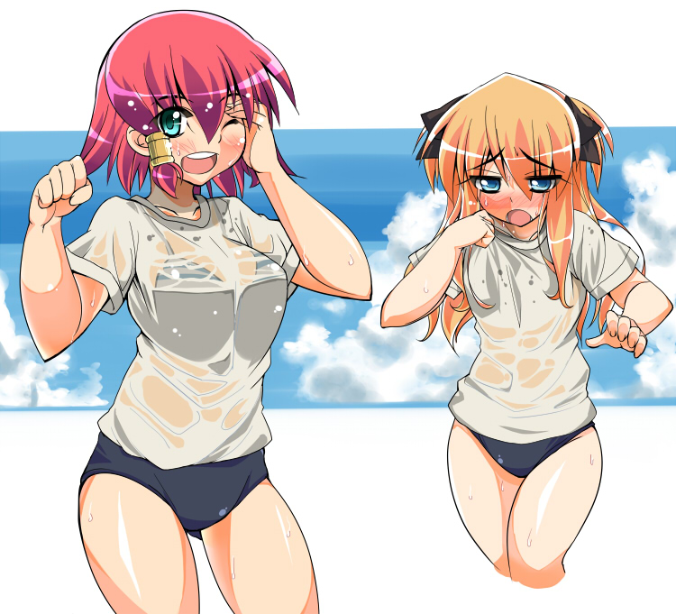 shiden (sashimi no wife), ruquia, shalon, quiz magic academy, bad id, bad pixiv id, 2girls, blonde hair, blue eyes, blush, breasts, buruma, cowboy shot, cropped legs, flat chest, green eyes, gym uniform, hot, large breasts, multiple girls, one eye closed, open mouth, red hair, sweat, swimsuit, thighs, wet, wet clothes, wink