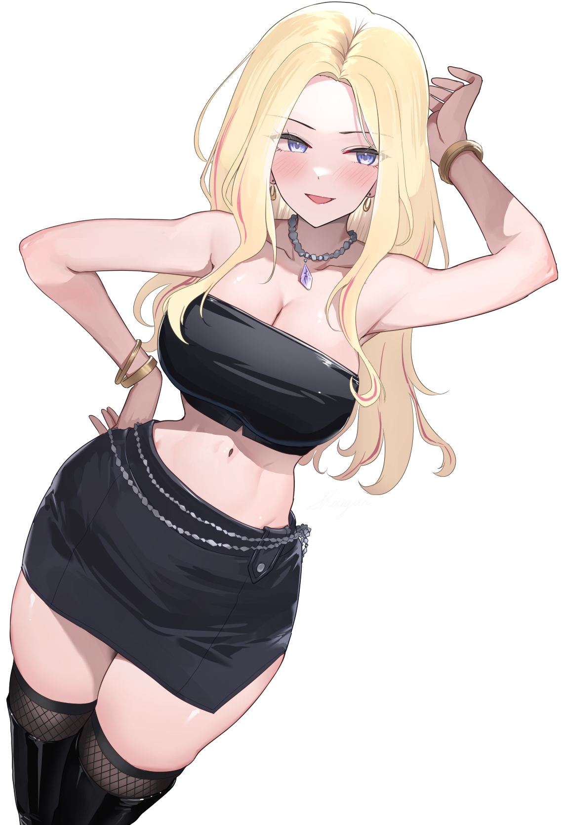 shougun (chuckni1), juo sena, gakuen idolmaster, idolmaster, highres, 1girl, arm up, black boots, black skirt, black thighhighs, blonde hair, blue eyes, boots, bracelet, breasts, cleavage, earrings, jewelry, large breasts, long hair, looking at viewer, miniskirt, navel, necklace, simple background, skirt, smile, solo, strapless, thigh boots, thighhighs, thighhighs under boots, tube top, white background