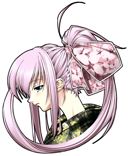 artist request, cherry blossoms, hair ribbon, japanese clothes, kimono, long hair, neck, pink hair, ponytail, profile, ribbon, solo