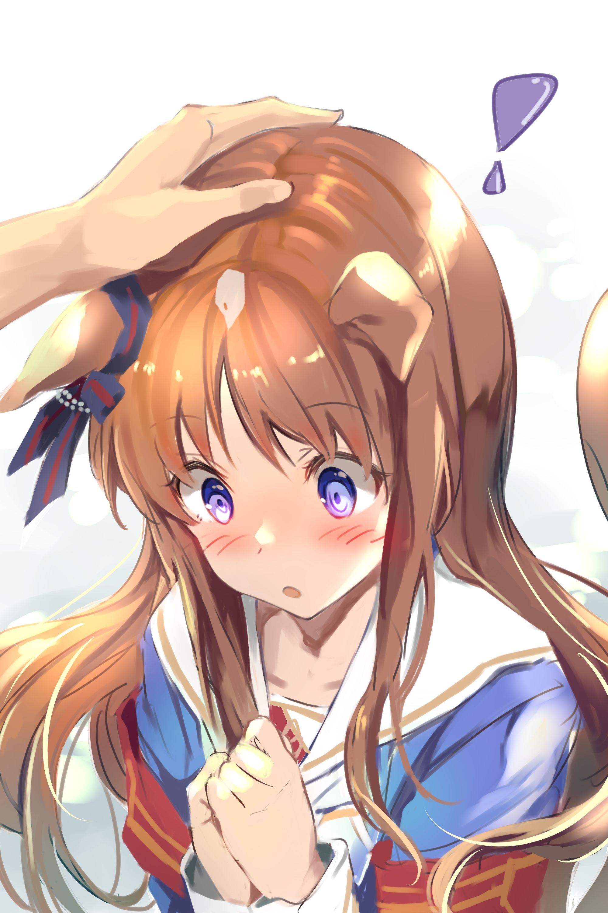uu-tan (hushigi10), grass wonder (stone-piercing blue) (umamusume), grass wonder (umamusume), umamusume, absurdres, commentary request, highres, !, 1girl, 1other, :o, animal ears, blue bow, blue dress, blue eyes, blush, bow, brown hair, dress, ear bow, hand on another's head, headpat, horse ears, horse girl, horse tail, long hair, long sleeves, sailor collar, solo focus, tail, upper body, white background, white sailor collar