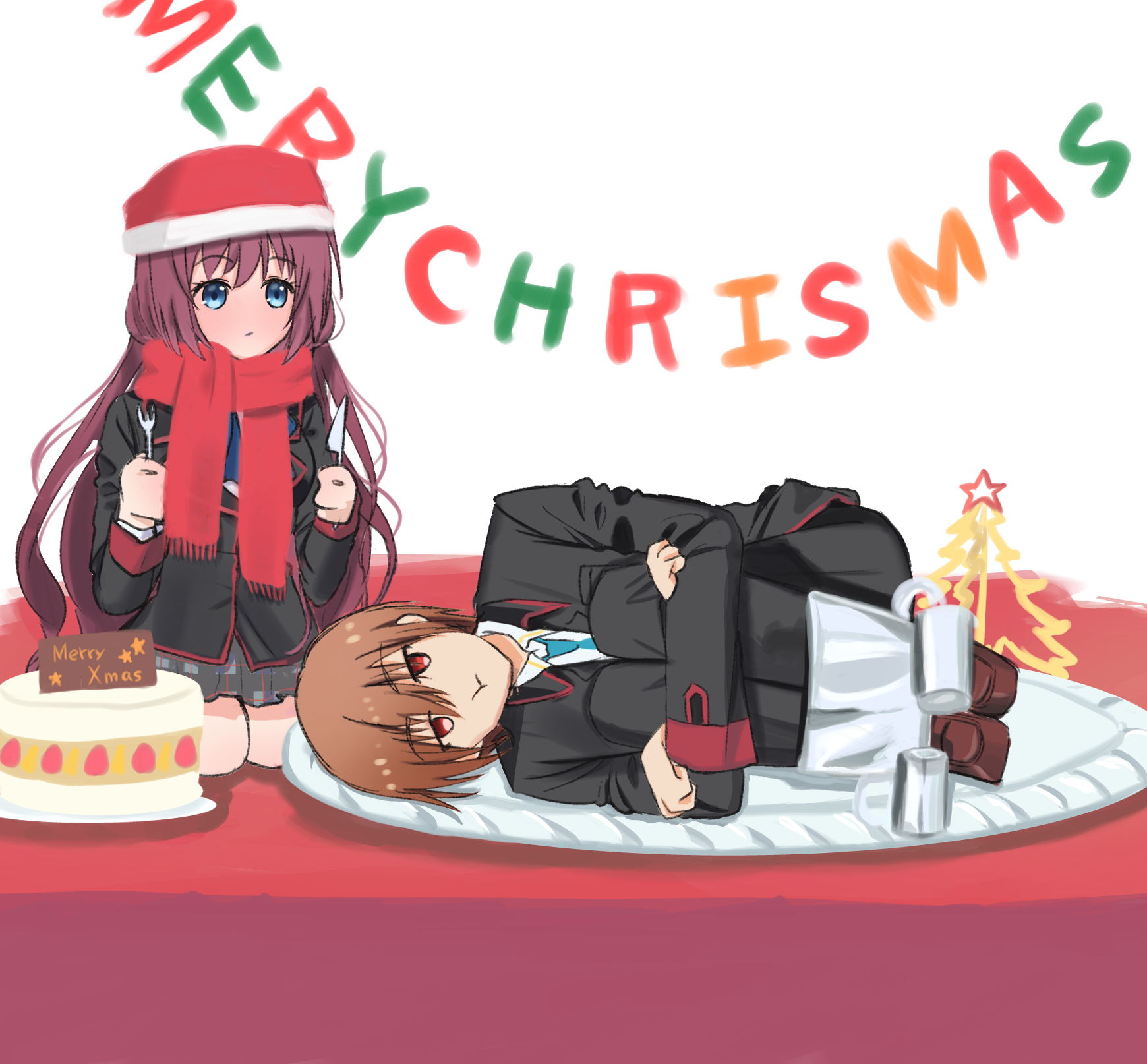 miiizuno lbs, a-chan (little busters!), natsume kyousuke, little busters!, commentary request, highres, 1boy, 1girl, :t, adapted costume, black jacket, black pants, blue eyes, blue necktie, brown hair, cake, christmas, christmas tree, closed mouth, collared shirt, cup, food, food-themed hat, fork, fringe trim, full body, grey skirt, hands up, hat, holding, holding fork, holding knife, hugging own legs, jacket, jitome, kneeling, knife, little busters! school uniform, long hair, long sleeves, looking at another, looking at viewer, lying, merry christmas, miniskirt, necktie, on plate, on side, pants, plaid clothes, plaid skirt, red eyes, red hat, red scarf, santa hat, scarf, school uniform, shirt, short hair, simple background, skirt, very long hair, white background, white shirt