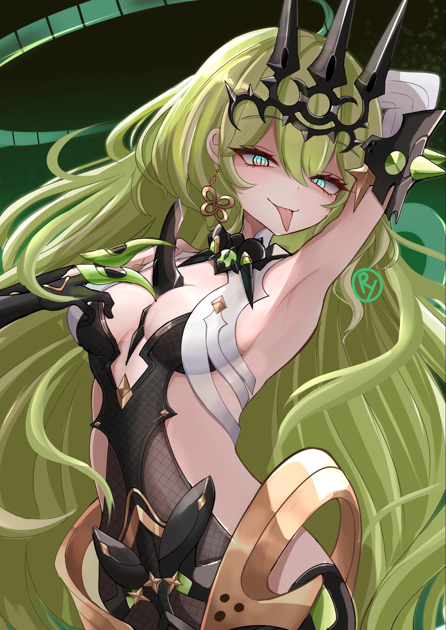 royo21294110, mobius (honkai impact), honkai (series), honkai impact 3rd, hashtag-only commentary, highres, 1girl, armpits, bad anatomy, bad hands, black dress, black gloves, breasts, claw ring, closed mouth, dress, earrings, gloves, green eyes, green hair, jewelry, long hair, medium breasts, single earring, single sleeve, slit pupils, smile, solo, tongue, tongue out, very long hair, wavy hair, white sleeves