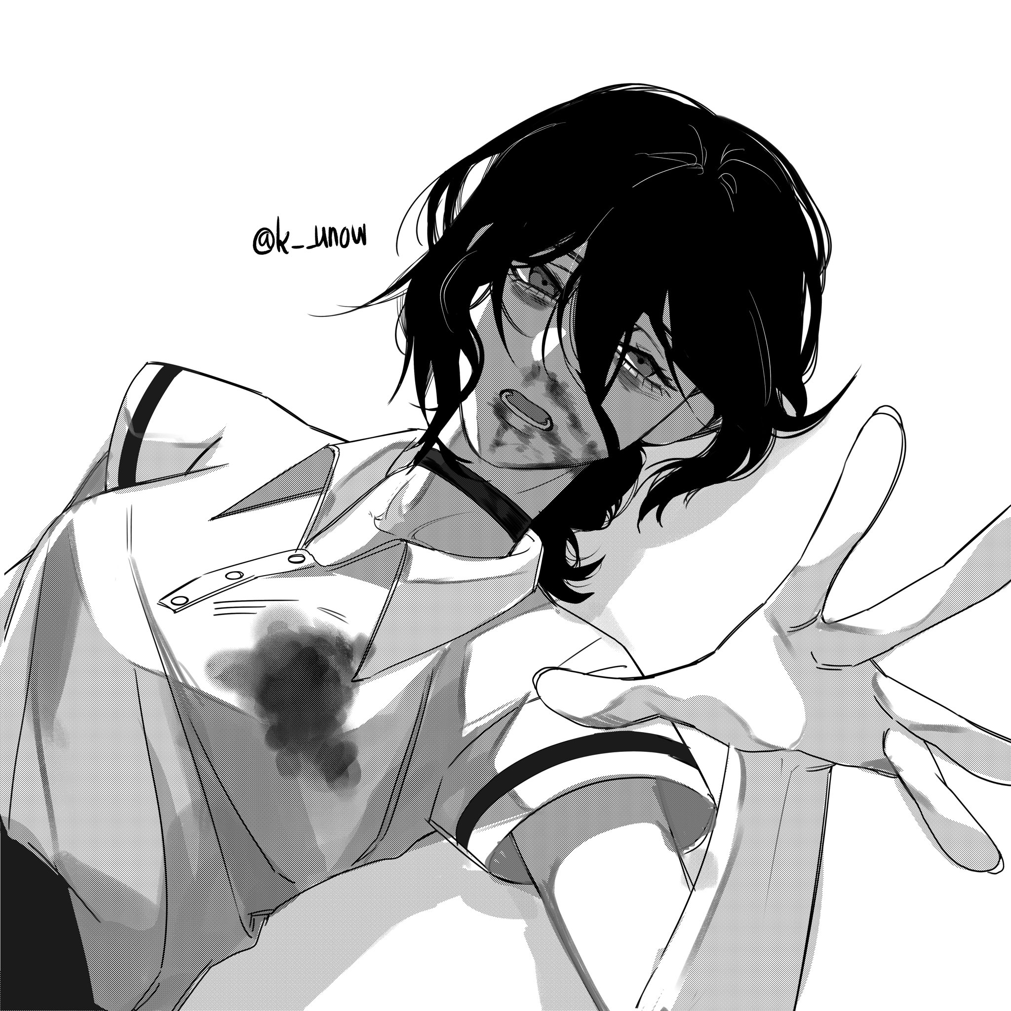 reze (chainsaw man), chainsaw man, highres, 1girl, blood, blood on clothes, blood on face, choker, greyscale, hair between eyes, imminent death, k unow, lower teeth only, lying, monochrome, on back, open mouth, polo shirt, reaching, reaching towards viewer, solo, teeth, twitter username
