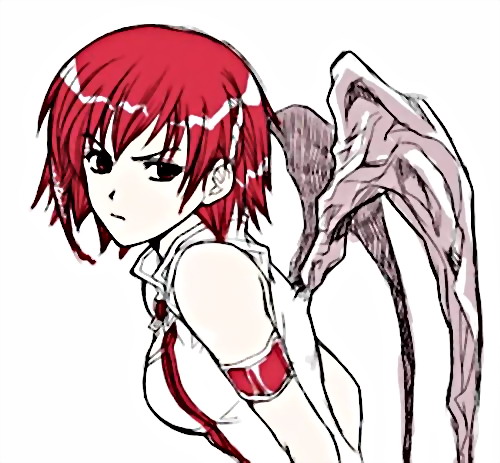 juju, over zenith, lowres, 1girl, angry, black eyes, breasts, female focus, red hair, short hair, simple background, solo, wings