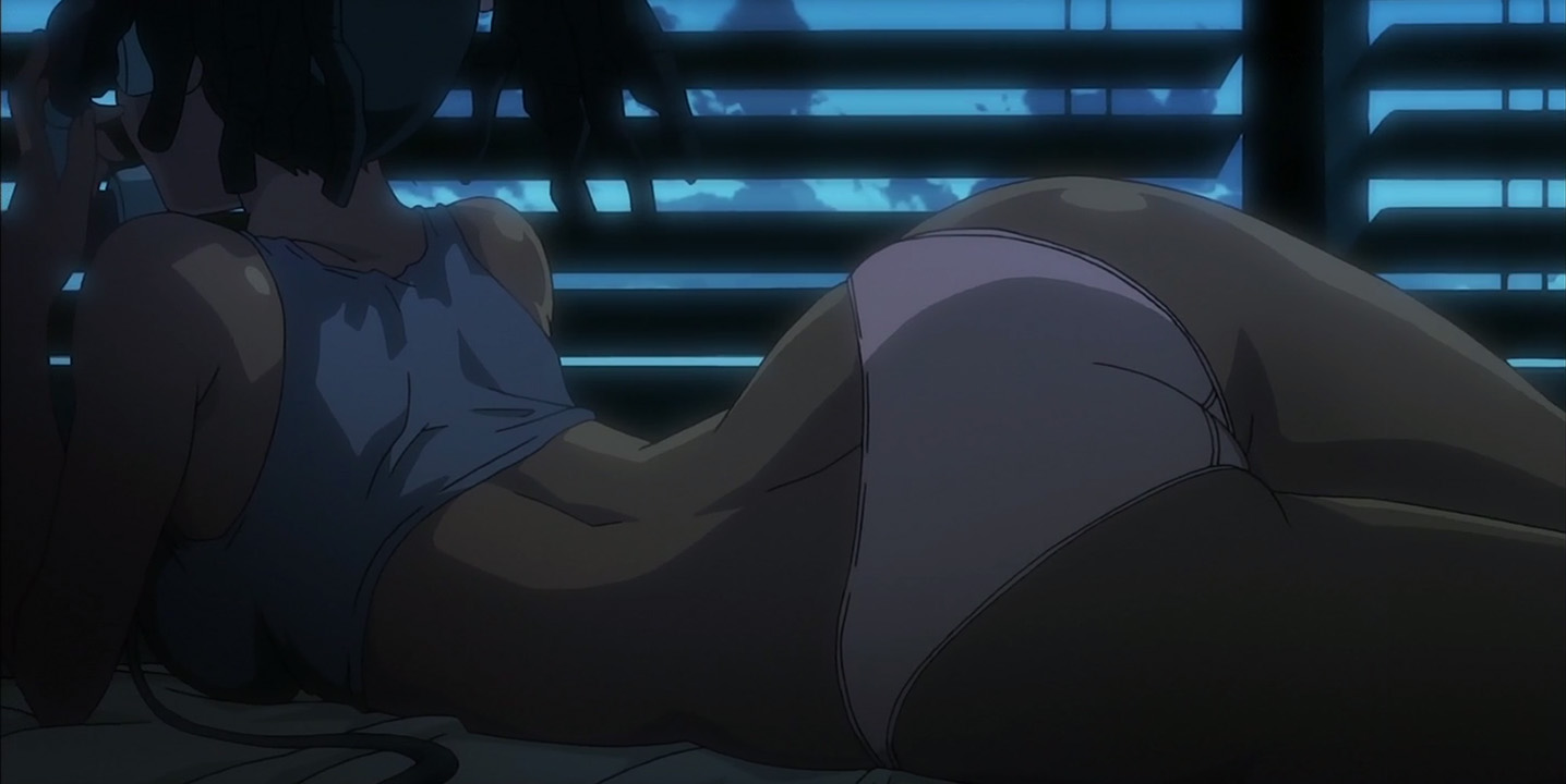 ayukawa miyuki, basquash!, anime screenshot, stitched, third-party edit, 00s, 1girl, ass, back, bed, bra, breasts, corded phone, curvy, dark-skinned female, dark skin, dreadlocks, female focus, hip focus, huge ass, large breasts, long hair, lying, night, no pants, on bed, on side, panties, phone, shiny skin, solo, tank top, thighs, underwear, underwear only, very dark skin, white panties