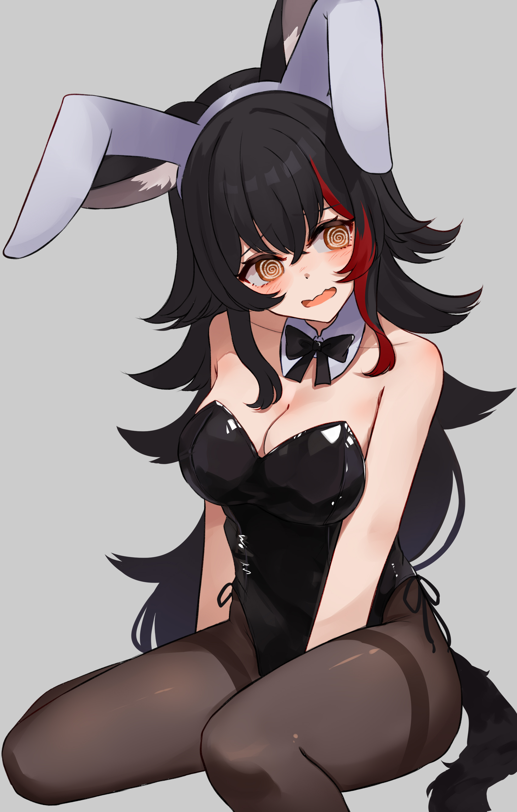 tukijika, ookami mio, hololive, absurdres, commentary request, highres, 1girl, :s, @ @, animal ear hairband, animal ears, between legs, black bow, black bowtie, black hair, black leotard, black pantyhose, black straps, blush, bow, bowtie, breasts, brown eyes, collar, crossed bangs, fake animal ears, fang, feet out of frame, grey background, hairband, hand between legs, head tilt, large breasts, leotard, long hair, medium sidelocks, open mouth, pantyhose, playboy bunny, red hair, simple background, single hair streak, sitting, skin fang, solo, strapless, strapless leotard, tail, thigh strap, wariza, white collar, wolf ears, wolf girl, wolf tail
