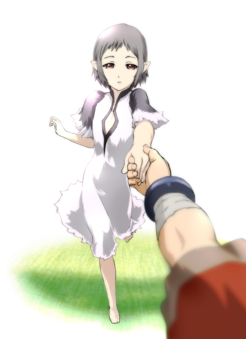 ueyama michirou, ico (character), yorda, ico, silver hair, 1boy, 1girl, brown eyes, hand grab, hetero, holding hands, pointy ears, pov, running, short hair, torn clothes
