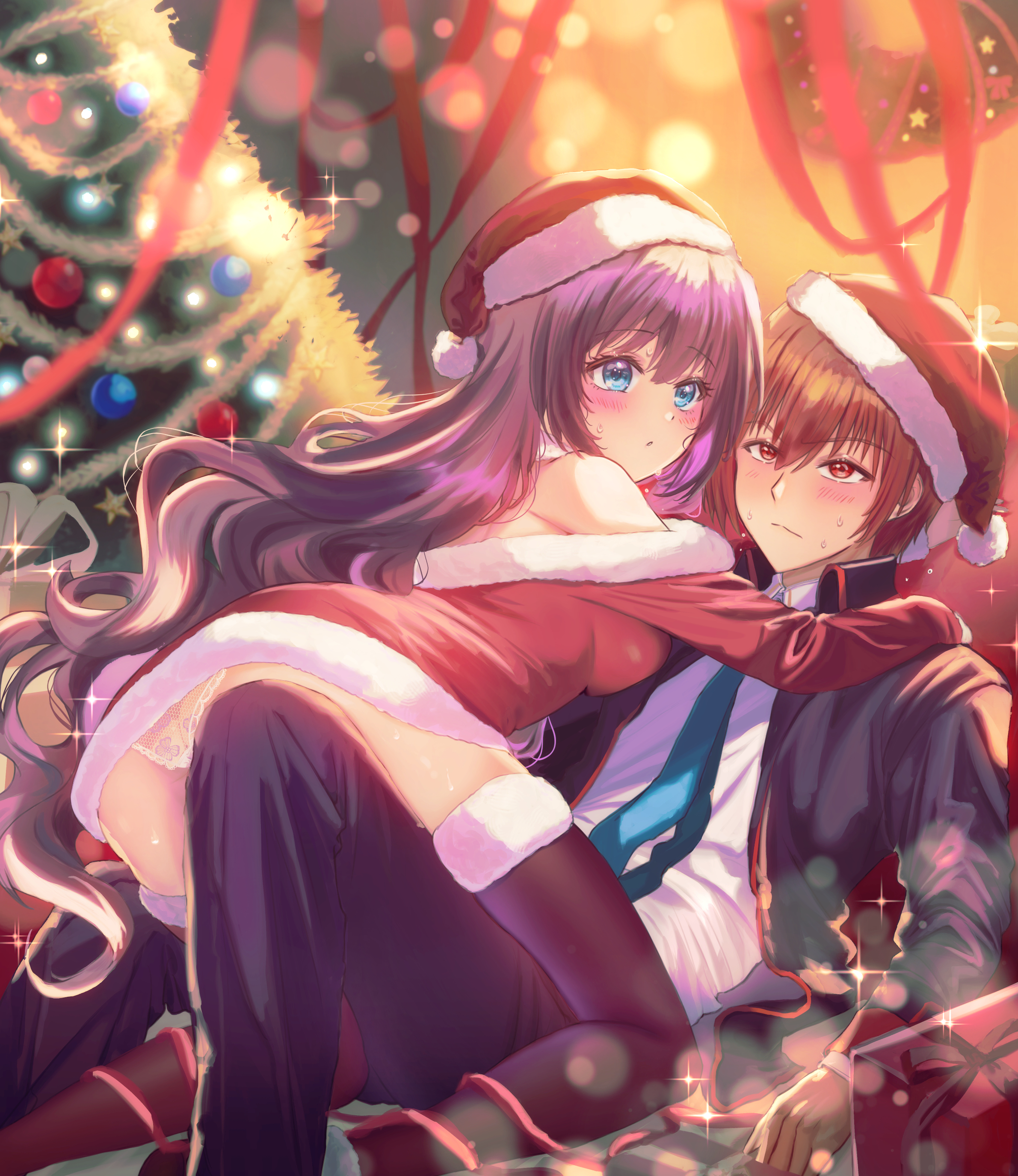 miiizuno lbs, a-chan (little busters!), natsume kyousuke, little busters!, absurdres, commentary request, highres, 1boy, 1girl, accident, accidental pervert, all fours, alternate costume, ass, averting eyes, black jacket, black pants, black thighhighs, blazer, blue eyes, blue necktie, blurry, blurry background, blush, breast press, brown hair, christmas, christmas ornaments, christmas tree, closed mouth, convenient leg, couple, dress, embarrassed, eyelashes, feet out of frame, floral print, floral print panties, frown, fur-trimmed dress, fur-trimmed headwear, fur-trimmed thighhighs, fur trim, girl on top, hair between eyes, hat, hetero, hug, indoors, jacket, knee up, lace, lace-trimmed panties, lace trim, little busters! school uniform, long hair, long ribbon, long sleeves, looking at another, looking to the side, lying, necktie, off-shoulder dress, off shoulder, on back, open clothes, open jacket, panties, pants, pantyshot, parted lips, print panties, purple hair, red dress, red eyes, red hat, red ribbon, ribbon, santa costume, santa dress, santa hat, school uniform, shirt, short dress, short hair, single bare shoulder, sparkle, sweat, tareme, thighhighs, tsurime, underwear, upturned eyes, very long hair, wavy hair, white panties, white shirt