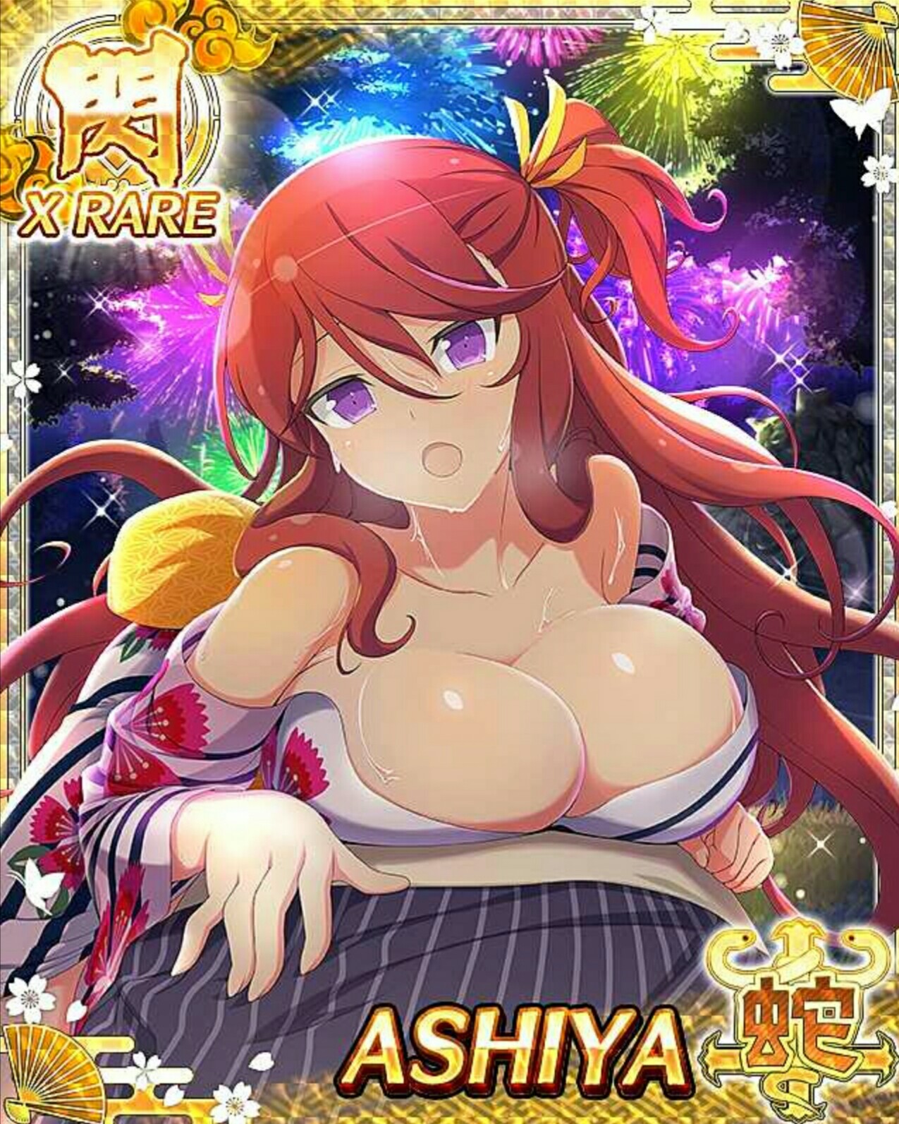 ashiya (senran kagura), senran kagura, senran kagura new wave, game cg, highres, non-web source, official art, 1boy, 1girl, :o, blush, breasts, card (medium), cleavage, fireworks, floral print, floral print kimono, girl on top, japanese clothes, kimono, large breasts, long hair, looking at viewer, night, night sky, official alternate costume, one side up, print kimono, purple eyes, red hair, ribbon, sky, solo focus, white kimono, yellow ribbon