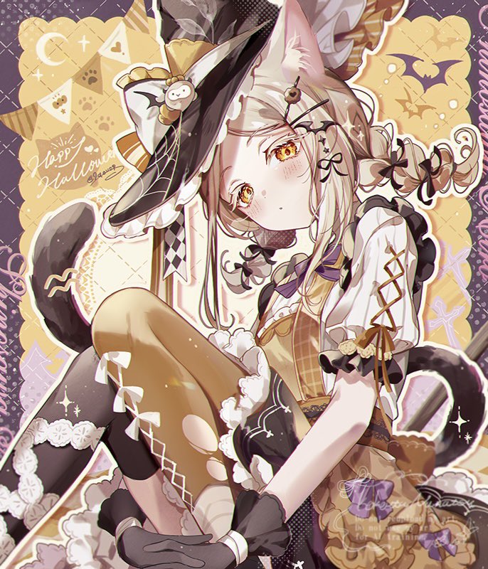 coco7, shinosawa hiro, gakuen idolmaster, idolmaster, 1girl, animal ears, asymmetrical legwear, bat (animal), bat hair ornament, black gloves, black hat, blonde hair, braid, brown eyes, cat ears, cat girl, cat tail, closed mouth, colored eyelashes, crescent moon, cross-laced clothes, cross-laced sleeves, dress, gloves, hair ornament, hairclip, hat, kemonomimi mode, looking at viewer, mismatched legwear, moon, outline, own hands together, puffy short sleeves, puffy sleeves, short sleeves, solo, squiggle, tail, thighhighs, twin braids, watermark, witch hat