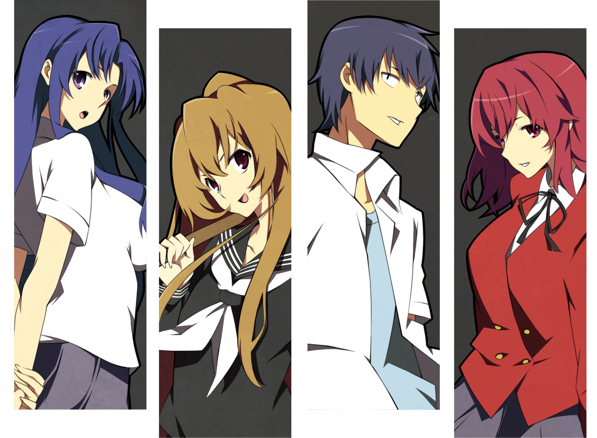 nanao (mahaya), aisaka taiga, kawashima ami, kushieda minori, takasu ryuuji, toradora!, bad id, bad pixiv id, highres, 00s, 1boy, 3girls, black serafuku, column lineup, multiple girls, school uniform, serafuku