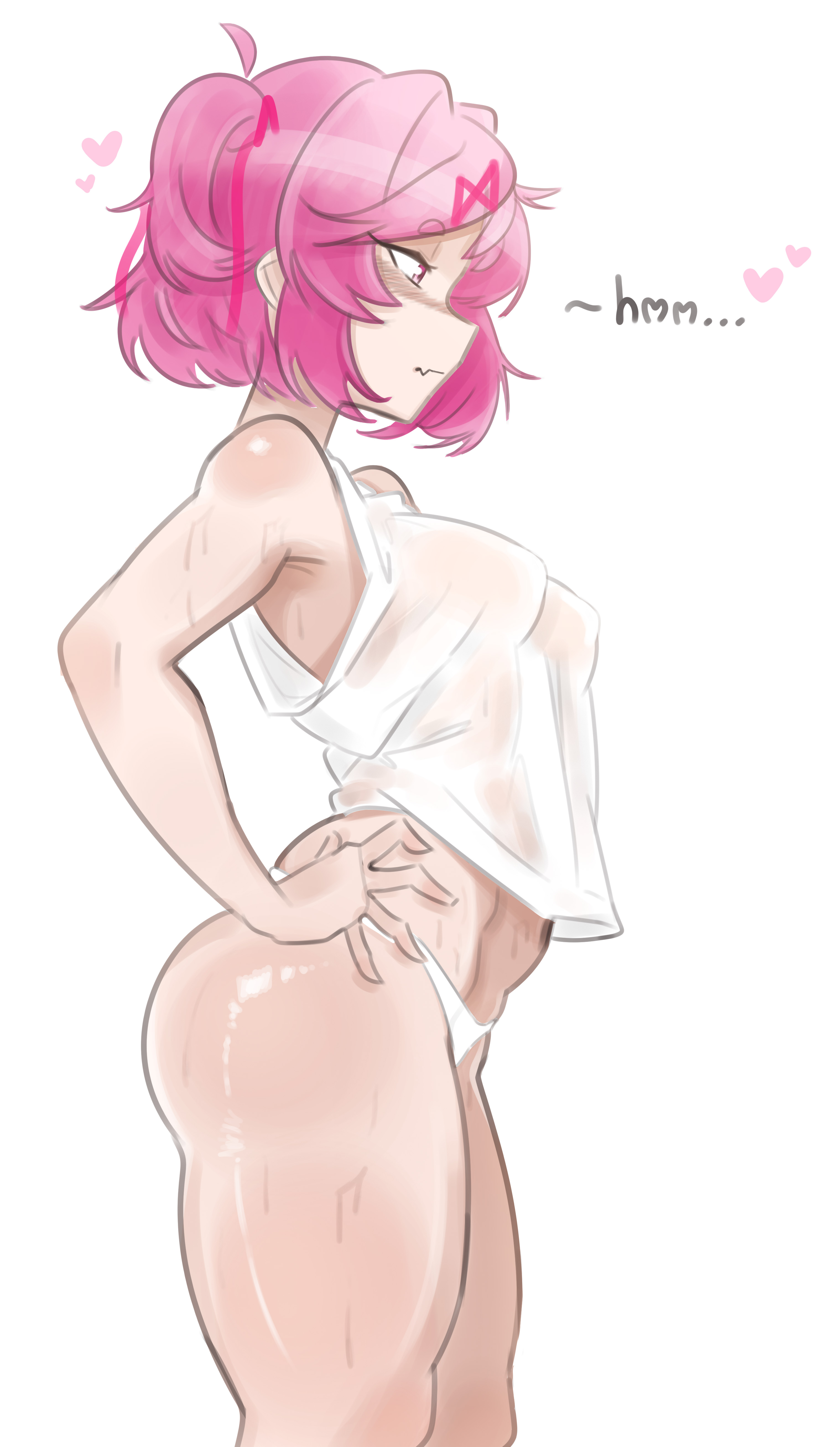emiillb, natsuki (doki doki literature club), doki doki literature club, absurdres, commentary, english commentary, highres, 1girl, abs, ahoge, armpits, bare shoulders, blush, bob cut, breasts, closed mouth, crop top, crop top overhang, cropped shirt, fang, feet out of frame, from side, hair intakes, hair ornament, hair ribbon, hands on own hips, heart, looking ahead, medium breasts, muscular, muscular female, narrowed eyes, no bra, nose blush, panties, pink eyes, pink hair, pink ribbon, ribbon, shiny skin, short eyebrows, short hair, shoulder blush, simple background, skin fang, skindentation, standing, sweat, swept bangs, tank top, thick eyebrows, two side up, underwear, very sweaty, white background, white panties, white tank top, x hair ornament