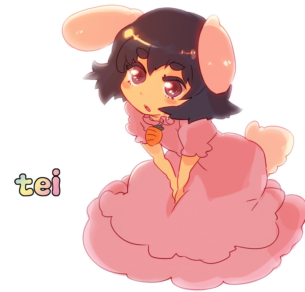 rawan, inaba tewi, touhou, bad id, bad pixiv id, 1girl, :o, animal ears, blush, carrot, dress, female focus, jewelry, pendant, pink dress, rabbit ears, rabbit girl, rabbit tail, short hair, sitting, solo, tail, v arms
