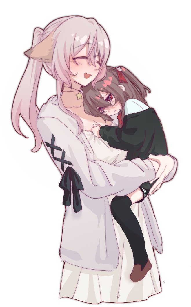 conversion806f, annytf, evil neuro-sama, neuro-sama, indie virtual youtuber, hashtag-only commentary, 2girls, animal ears, black cardigan, black skirt, black thighhighs, bow, bowtie, brown hair, brown shoes, cardigan, carrying, carrying person, child carry, closed eyes, crying, crying with eyes open, dress, fox ears, fox girl, from side, hair between eyes, hair ornament, hair ribbon, long hair, long sleeves, multiple girls, off-shoulder cardigan, open mouth, ponytail, pout, red bow, red bowtie, red eyes, red ribbon, ribbon, shirt, shoes, skirt, skull hair ornament, star (symbol), sweater, tears, thighhighs, two side up, upper body, vedal ai, virtual youtuber, white dress, white hair, white shirt, white sweater