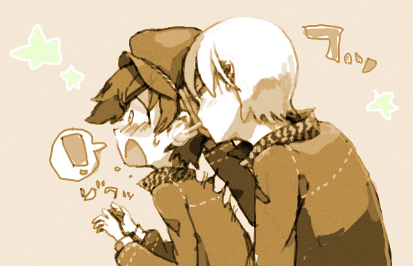 willo, narukami yu, shirogane naoto, atlus, ouran high school host club, persona, persona 4, bad id, bad pixiv id, !, 1boy, 1girl, androgynous, blowing, blush, brown theme, hat, monochrome, newsboy cap, parody, reverse trap, star (symbol), surprised