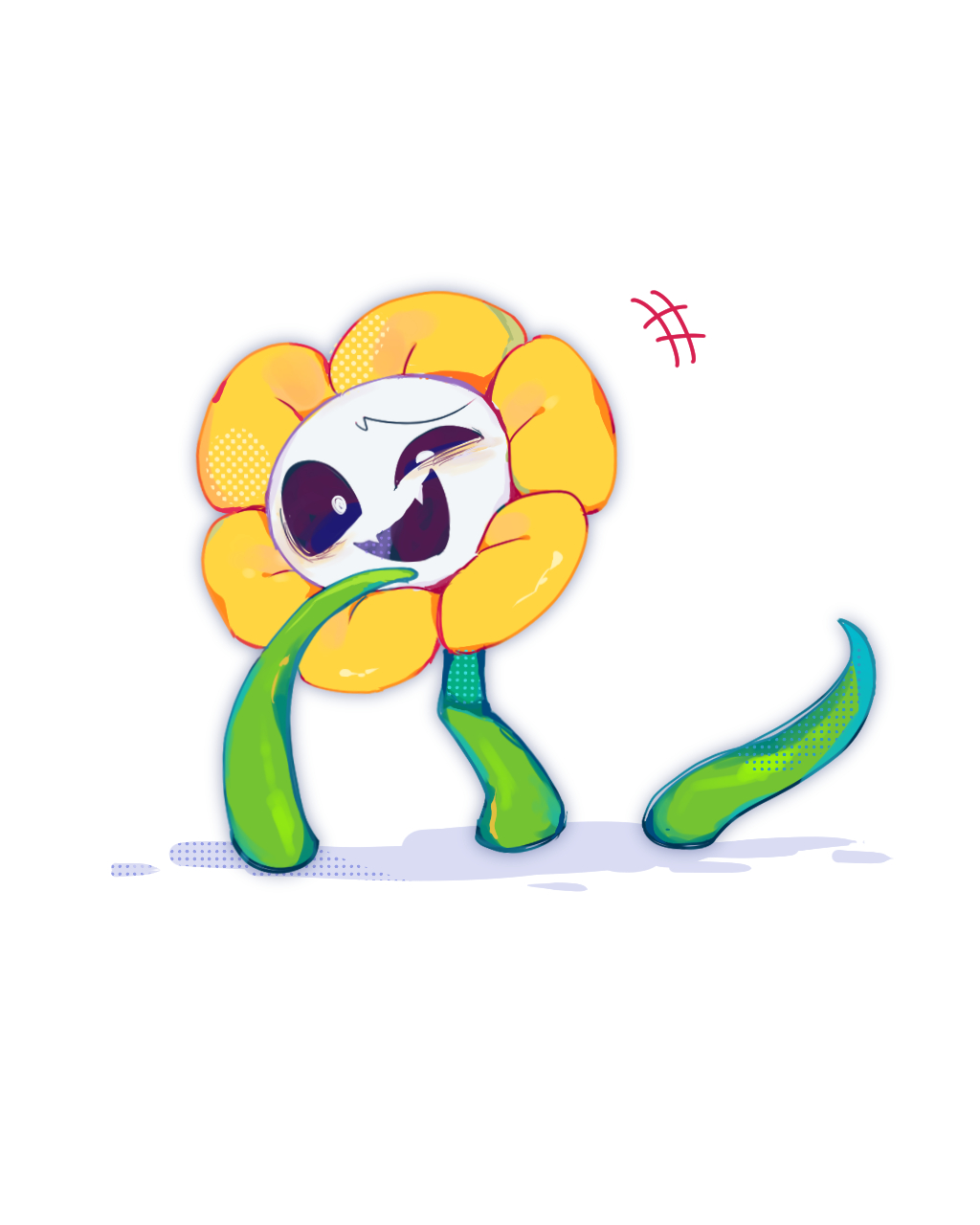 frion622, flowey (undertale), undertale, utdr (toby fox), commentary request, highres, +++, :d, black mouth, black sclera, colored sclera, fangs, flower, flower focus, halftone, halftone background, looking at viewer, no humans, open mouth, shadow, simple background, skin fangs, smile, solo, uneven eyes, white background, white eyes, yellow flower