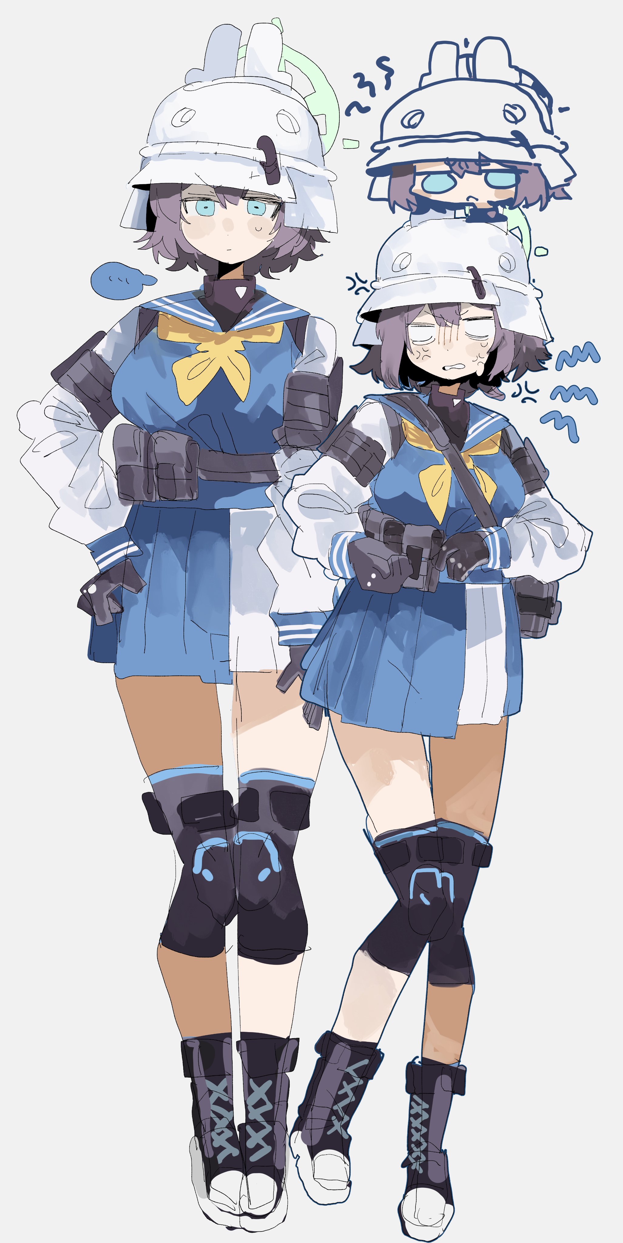 odmised, saki (blue archive), blue archive, absurdres, highres, …, 1girl, :<, anger vein, black gloves, black hair, blank eyes, blue eyes, blue sailor collar, blue shirt, blue skirt, blush stickers, breasts, chibi, chibi inset, closed mouth, colored speech bubble, full body, gloves, helmet, knee guards, large breasts, long sleeves, multiple views, neckerchief, sailor collar, school uniform, serafuku, shirt, short hair, shout lines, simple background, skirt, speech bubble, spoken ellipsis, tactical school uniform, white background, white helmet, yellow neckerchief