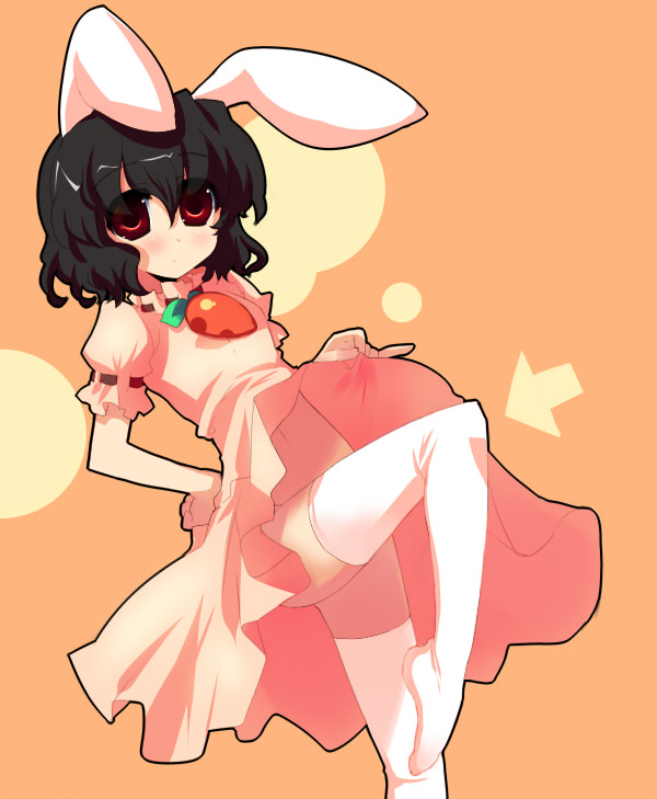 shin (new), inaba tewi, touhou, toe-point, 1girl, animal ears, arrow (projectile), ass, black hair, carrot, feet, female focus, food-themed clothes, navel, rabbit ears, short hair, socks, solo, thighhighs