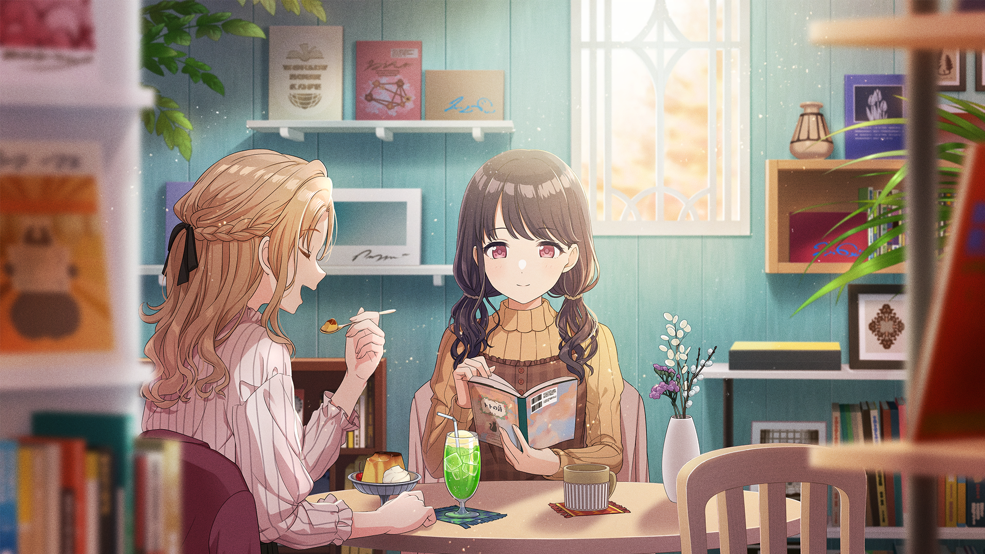 fukumaru koito, ichikawa hinana, idolmaster, idolmaster shiny colors, idolmaster shiny colors song for prism, game cg, highres, official art, 2girls, black hair, book, braid, chair, cup, drinking glass, drinking straw, flower, food, holding, leaf, low twintails, multiple girls, open book, open mouth, profile, red eyes, spoon, table, twintails, vase, window, wine glass