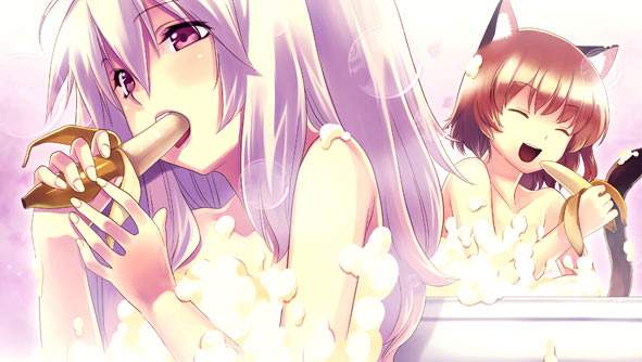 hirano katsuyuki, mimel, mimel (agarest senki zero), tetra (agarest senki zero), agarest senki, agarest senki (series), agarest senki zero, official art, 2girls, :d, ahoge, animal ears, banana, bath, bathtub, blush, bob cut, brown hair, bubble, bubble bath, cat ears, cat tail, closed eyes, compile hearts, fellatio, food, fruit, game console, hetero, long hair, multiple girls, nude, open mouth, oral, phallic symbol, playstation 3, purple eyes, purple hair, sexually suggestive, short hair, smile, soap, soap bubbles, tail, white hair