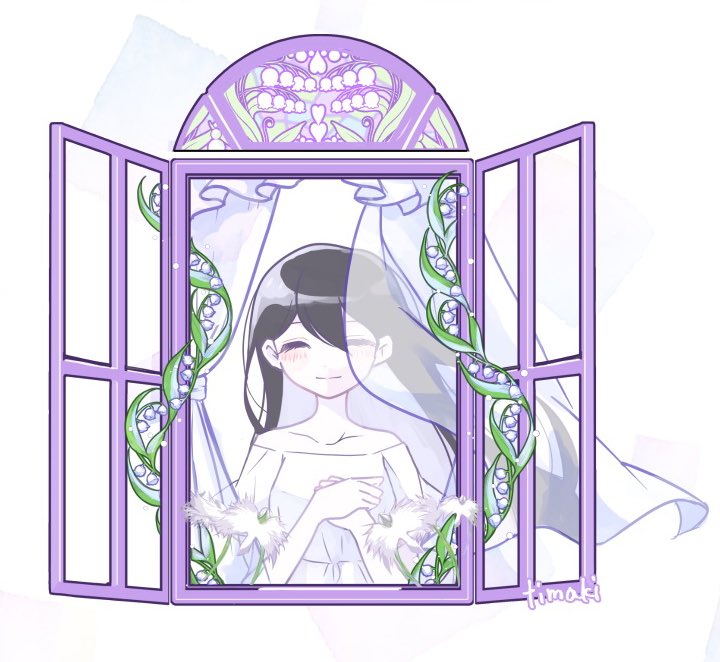 timaki, mari (omori), mari (spirit) (omori), omori, commentary request, 1girl, ^ ^, bare arms, bare shoulders, black hair, blush, breasts, closed eyes, closed mouth, colored inner hair, colored skin, curtains, double-parted bangs, dress, facing viewer, flower, grey hair, hair between eyes, hands up, lily of the valley, long hair, multicolored hair, off-shoulder dress, off shoulder, open window, own hands together, puffy short sleeves, puffy sleeves, see-through curtains, short sleeves, simple background, small breasts, smile, solo, straight-on, straight hair, two-tone hair, upper body, white background, white dress, white flower, white skin, wind, window
