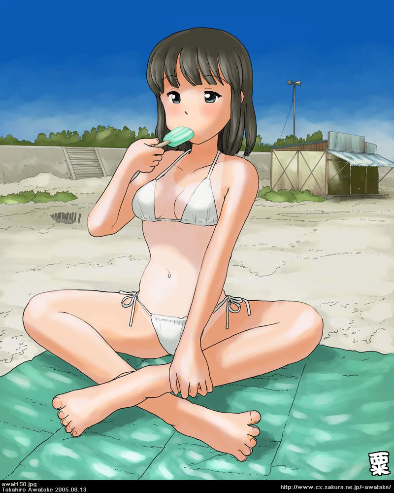 awatake takahiro, original, 00s, 1girl, 2005, ankle grab, aqua eyes, artist name, bad anatomy, bad feet, bare shoulders, barefoot, beach, beach towel, bikini, black hair, blanket, blue eyes, blue sky, blush, breasts, building, bush, crossed legs, dated, day, eating, feet, female focus, food, holding, indian style, looking at viewer, narrow waist, navel, one-piece tan, outdoors, poorly drawn, popsicle, short hair, side-tie bikini bottom, sitting, sky, small breasts, solo, spread legs, spread toes, stairs, string bikini, swimsuit, tan, tanline, toes, towel, watermark, web address, white bikini