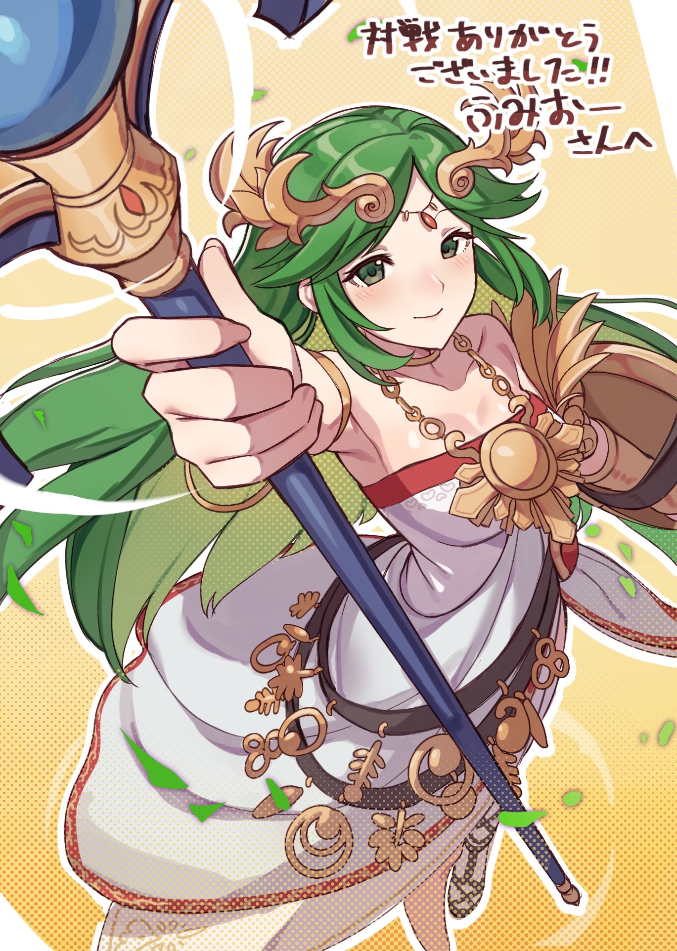 nyo02921978, palutena, kid icarus, kid icarus uprising, nintendo, commentary request, highres, translation request, 1girl, arm shield, bare shoulders, collarbone, dress, green eyes, holding, holding staff, jewelry, laurel crown, long hair, looking at viewer, shield, solo, staff, strapless, strapless dress, white dress
