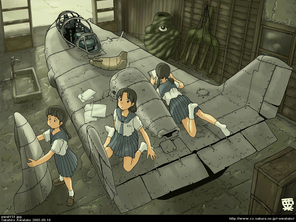 awatake takahiro, original, white legwear, 00s, 2005, 3girls, aircraft, artist name, black hair, braid, braided ponytail, dated, lifting body, loafers, looking at viewer, lying, m2-f2, multiple girls, no shoes, on stomach, school uniform, serafuku, shoes, sitting, socks, standing, twin braids, twintails, unworn shoes, wariza, watermark, web address