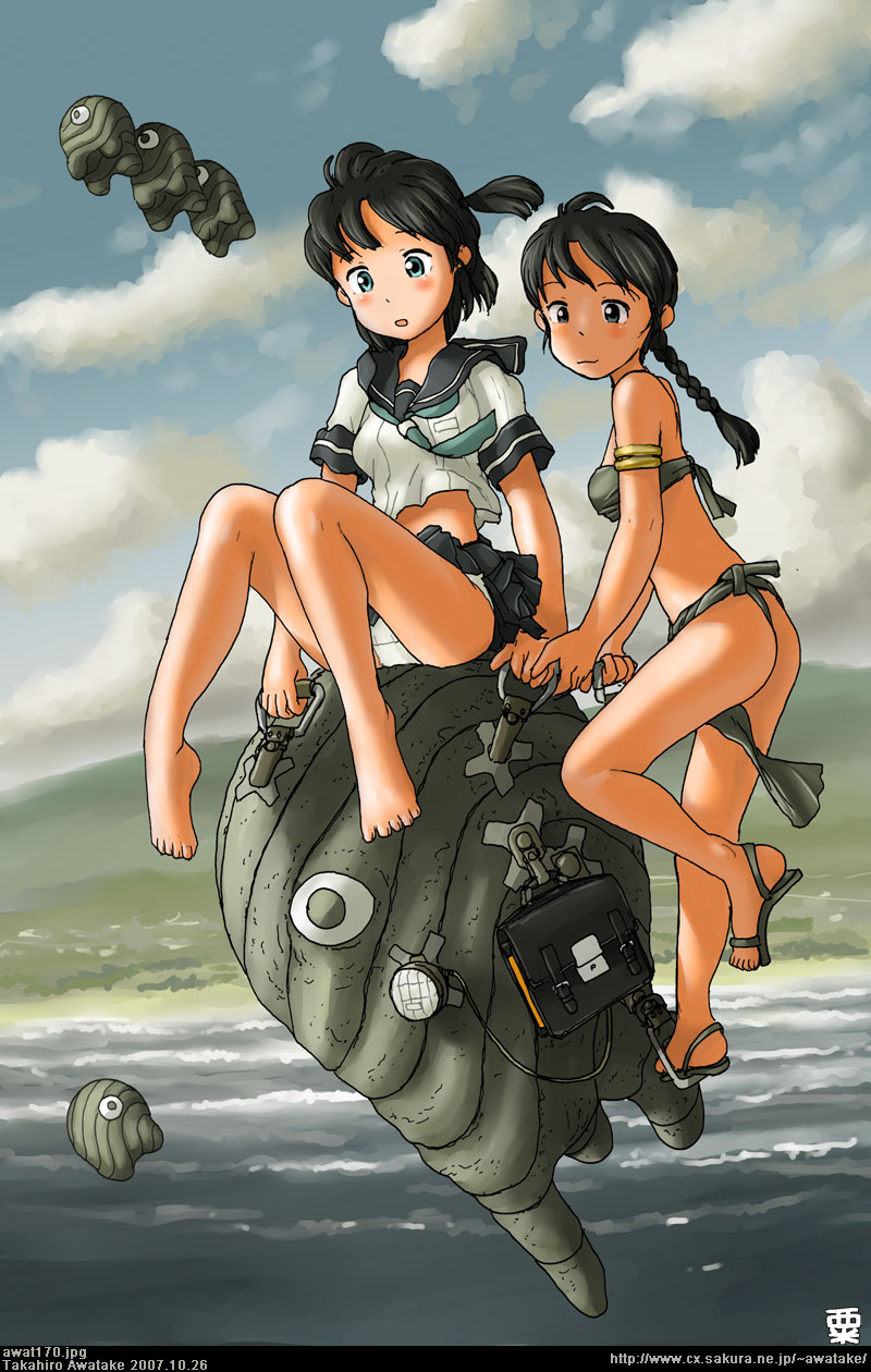 awatake takahiro, original, highres, 00s, 2007, 2girls, alien, armlet, artist name, bag, barefoot, black hair, blue eyes, braid, cloud, creature, dated, feet, flying, fundoshi, japanese clothes, jewelry, legs, loincloth, long hair, multiple girls, outdoors, panties, pantyshot, ponytail, sandals, school bag, school uniform, serafuku, sky, underwear, watermark, web address, white panties
