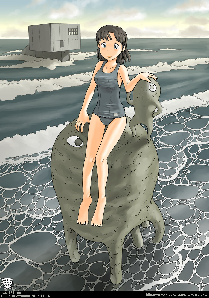 awatake takahiro, original, 00s, 1girl, 2007, artist name, bad anatomy, bad feet, barefoot, black hair, black one-piece swimsuit, blue eyes, cloud, creature, dated, feet, female focus, legs, looking at viewer, ocean, one-piece swimsuit, outdoors, poorly drawn, school swimsuit, shore, short hair, sky, solo, swimsuit, watermark, web address
