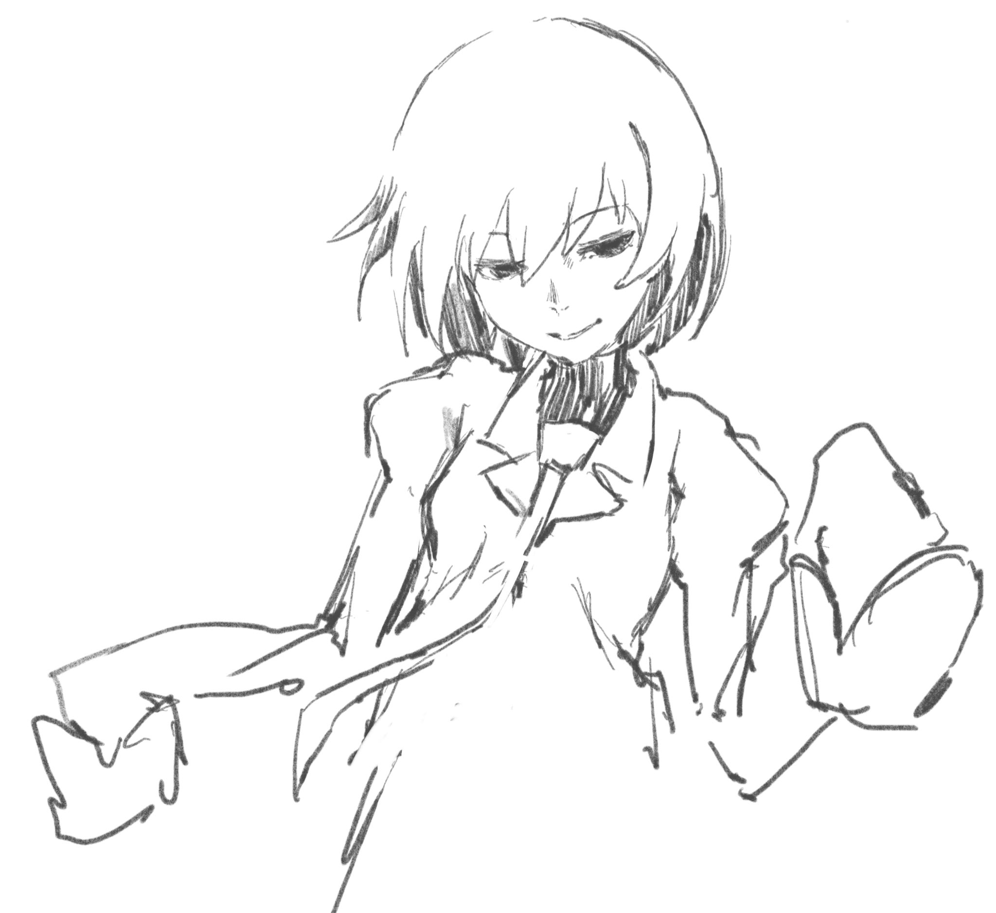 taki (a313131333), oshino ougi, monogatari (series), commentary, highres, 1girl, averting eyes, bob cut, breasts, collared shirt, cropped torso, dress shirt, floating neckwear, greyscale, hair between eyes, hatching (texture), juliet sleeves, long sleeves, looking down, looking to the side, monochrome, naoetsu high school uniform, narrowed eyes, necktie, parted lips, puffy sleeves, school uniform, shirt, short hair, simple background, sketch, sleeves past fingers, sleeves past wrists, small breasts, smile, solo, turtleneck, upper body, very long sleeves, w arms, white background