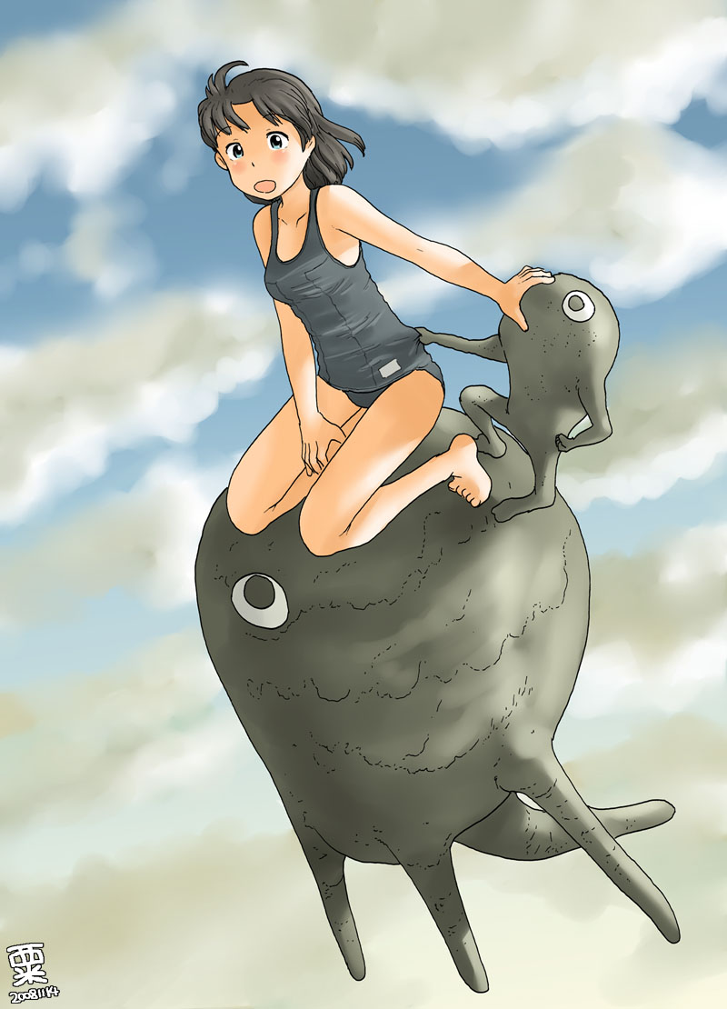 awatake takahiro, original, 00s, 1girl, 2008, artist name, barefoot, black hair, blue eyes, blush, cloud, creature, dated, female focus, flying, legs, one-piece swimsuit, outdoors, school swimsuit, sky, smile, solo, swimsuit