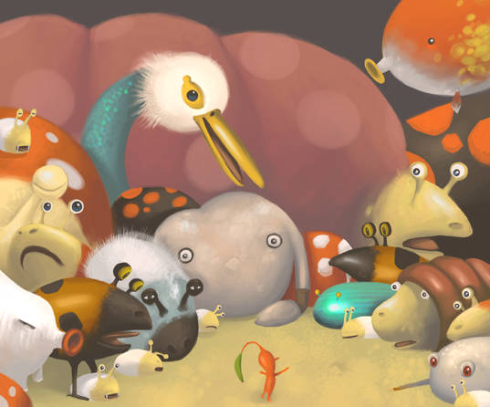bulborb, bulborb larva, burrowing snagret, empress bulblax, hairy bulborb, mamuta, orange bulborb, red pikmin, spotty bulbear, wollyhop, nintendo, pikmin (series), pikmin 2, commentary, english commentary, breadbug, colored skin, creature, creature focus, fangs, fiery blowhog, frog, from behind, iridescent flint beetle, leaf, no humans, okodama, outdoors, pikmin (creature), pointy nose, red skin, size difference, underground, withering blowhog