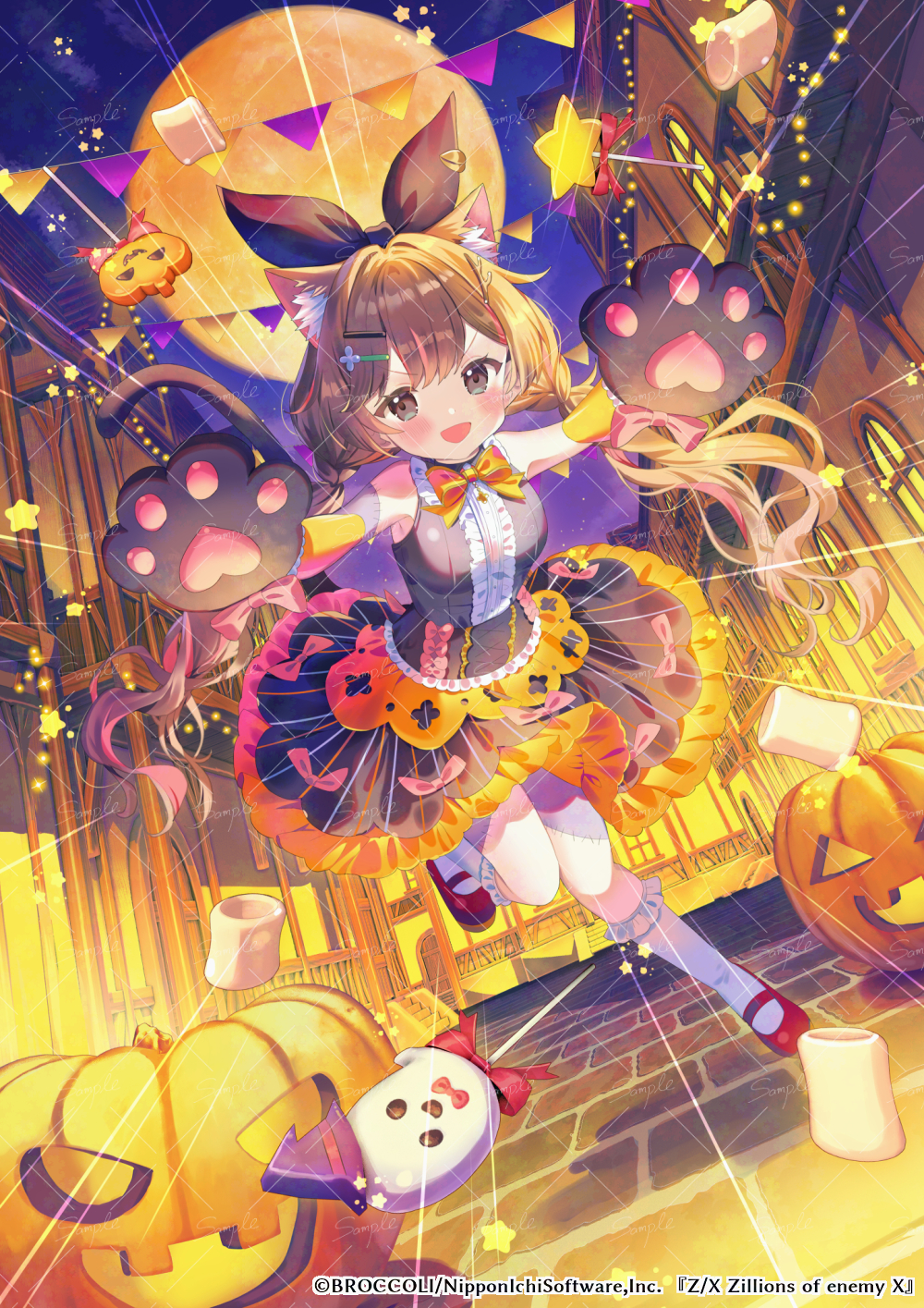 ikari (aor3507), z/x, character request, commentary request, highres, official art, 1girl, :d, animal ear fluff, animal ears, animal hands, bow, brown hair, cat ears, cat tail, center frills, frills, full moon, gloves, hair ornament, hairclip, halloween, jack-o'-lantern, long hair, looking at viewer, moon, night, open mouth, outdoors, paw gloves, pennant, shoes, sleeveless, smile, socks, solo, standing, standing on one leg, string of flags, tail, twintails, white socks