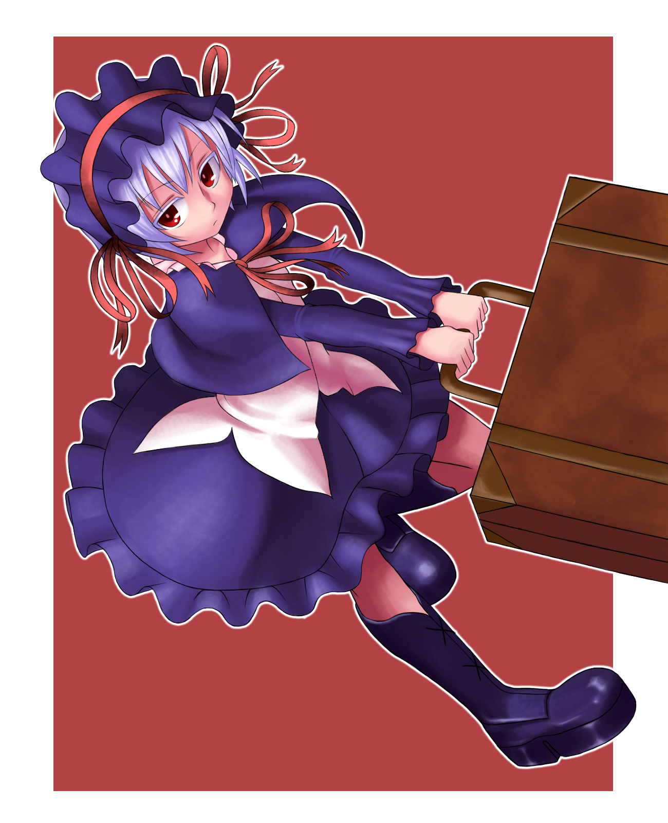 orochi itto, lieselotte achenbach, aq interactive, arcana heart, atlus, examu, bad id, bad pixiv id, highres, 1girl, boots, dress, female focus, gothic lolita, knee boots, lolita fashion, red eyes, short hair, solo, white hair
