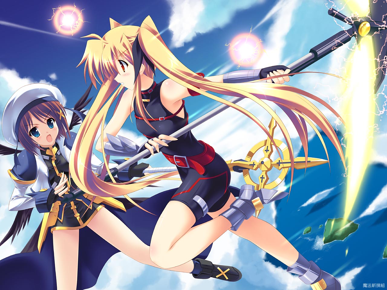 kouzuki hajime, bardiche (haken form) (nanoha), bardiche (nanoha), fate testarossa, fate testarossa (sonic form), schwertkreuz, yagami hayate, lyrical nanoha, mahou shoujo lyrical nanoha, mahou shoujo lyrical nanoha a's, 00s, blonde hair, blue eyes, brown hair, energy blade, gloves, long hair, red eyes, ribbon, scythe, short hair, staff, twintails, very long hair, wings
