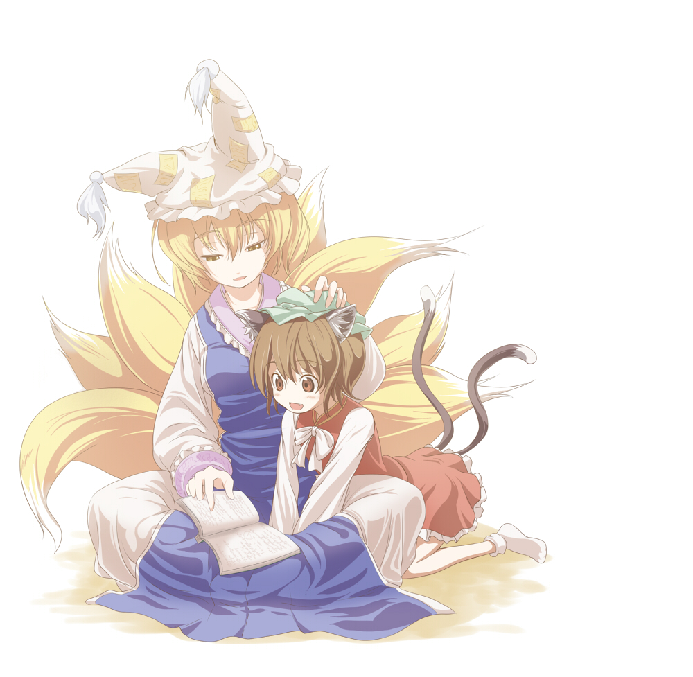 ippaiccha, yudofu, chen, yakumo ran, touhou, bad id, bad pixiv id, 2girls, animal ears, animal hat, blonde hair, book, brown eyes, brown hair, cat ears, cat girl, cat tail, female focus, fox tail, hat, headpat, kneeling, long sleeves, mob cap, multiple girls, multiple tails, no nose, open book, patting, reading, short hair, socks, tail, tassel, v arms, white background, yellow eyes