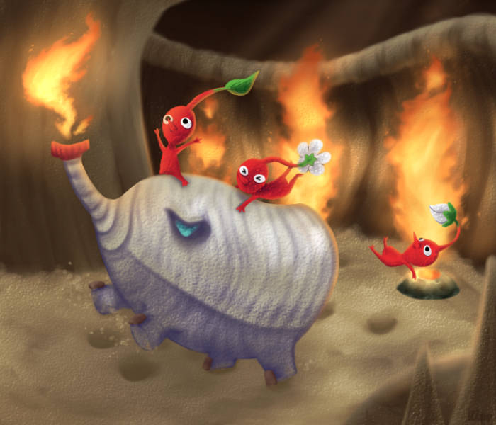 red pikmin, nintendo, pikmin (series), commentary, english commentary, > <, black eyes, breath weapon, breathing fire, bud, clinging, colored skin, creature, creature focus, falling, fiery blowhog, fire, flower, footprints, kippette, leaf, no humans, no mouth, pikmin (creature), pointy nose, red skin, riding, underground, white flower