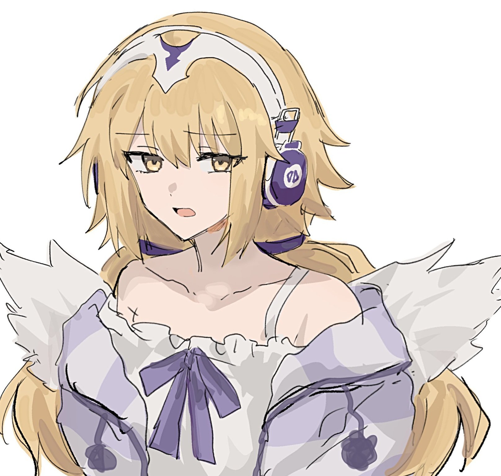 nekwnek, jeanne d'arc (fate), metatron jeanne (fate), metatron jeanne (second ascension) (fate), fate/grand order, fate (series), chinese commentary, commentary, highres, 1girl, angel wings, bare shoulders, blonde hair, dress, feathered wings, grey background, headphones, long hair, looking at viewer, off shoulder, open mouth, simple background, solo, very long hair, white dress, white wings, wings, yellow eyes
