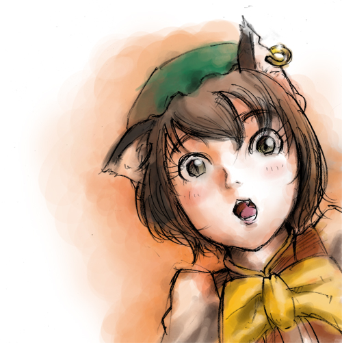 pe-tan, chen, touhou, bad id, bad pixiv id, 1girl, animal ears, cat ears, cat girl, earrings, female focus, gradient background, hat, jewelry, open mouth, sketch, solo, upper body, white background