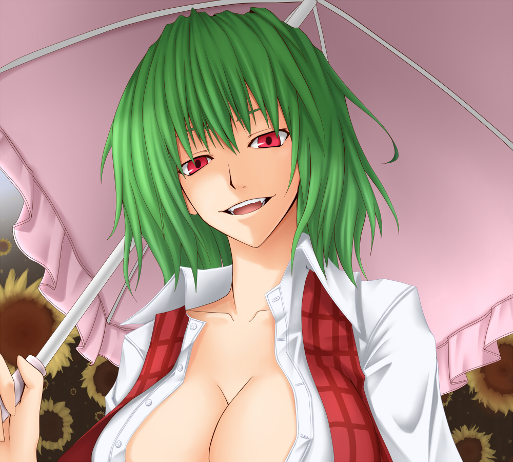 akitsuki karasu, kazami yuuka, touhou, 1girl, breasts, cleavage, fang, fangs, female focus, flower, green hair, large breasts, open clothes, open shirt, parasol, plaid clothes, plaid vest, red eyes, shirt, smile, solo, sunflower, umbrella, upper body, vest
