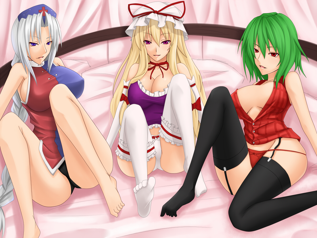 akitsuki karasu, kazami yuuka, yagokoro eirin, yakumo yukari, touhou, frilled legwear, 3girls, artistic error, ass, bad anatomy, bad feet, barefoot, bed, black panties, blonde hair, blue eyes, bottomless, braid, breasts, cleavage, feet, female focus, garter belt, garter straps, green hair, huge breasts, large breasts, legs, lingerie, multiple girls, no pants, panties, poorly drawn, purple eyes, red eyes, sideboob, thighhighs, thighs, underwear, white hair, white panties