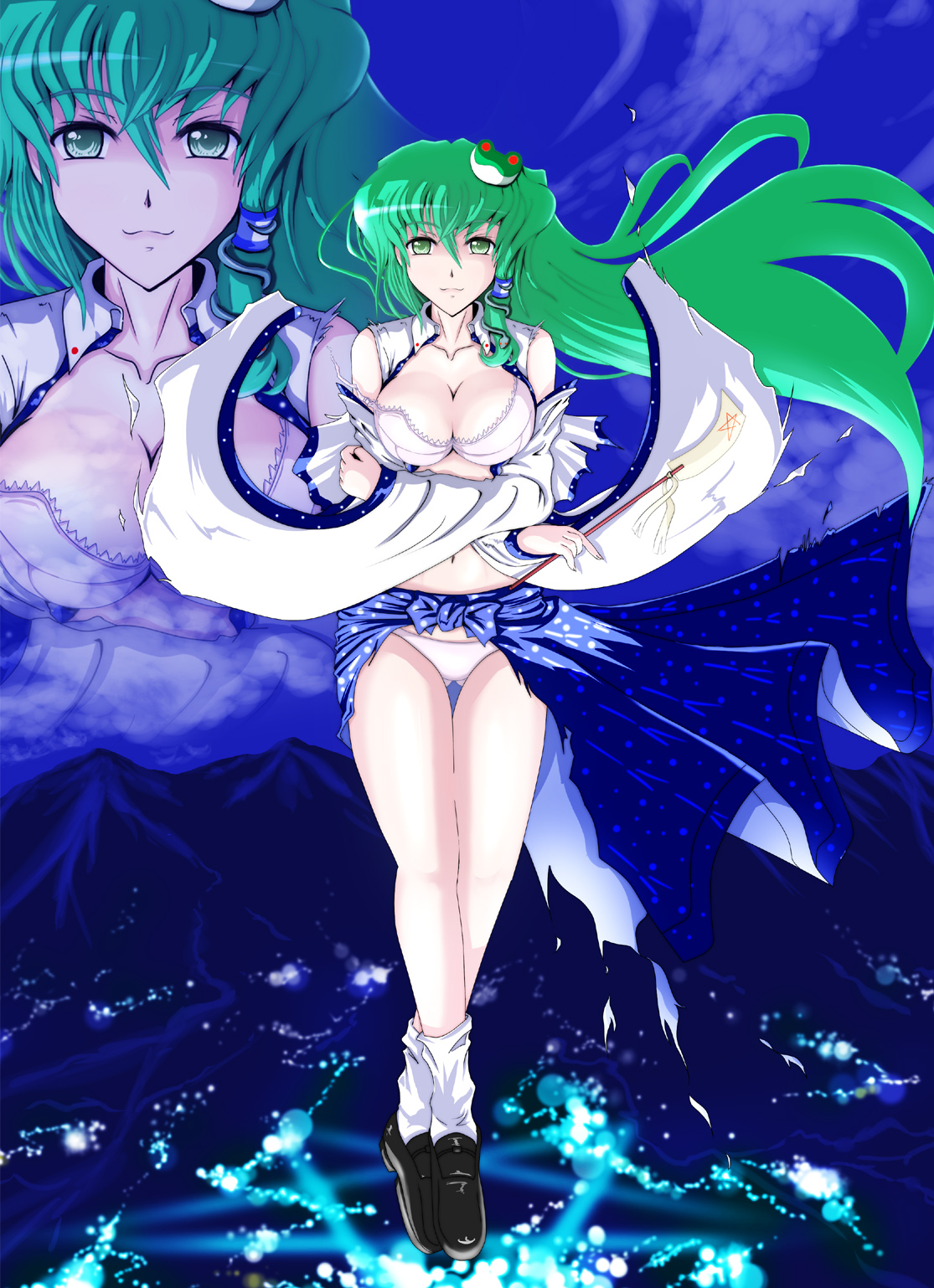 kado, kochiya sanae, touhou, bad id, bad pixiv id, highres, 1girl, :3, bra, breasts, collarbone, crossed arms, detached sleeves, female focus, floating, green eyes, green hair, hair ornament, large breasts, lingerie, long hair, matching hair/eyes, midriff, navel, panties, skirt, solo, torn clothes, underwear, zoom layer
