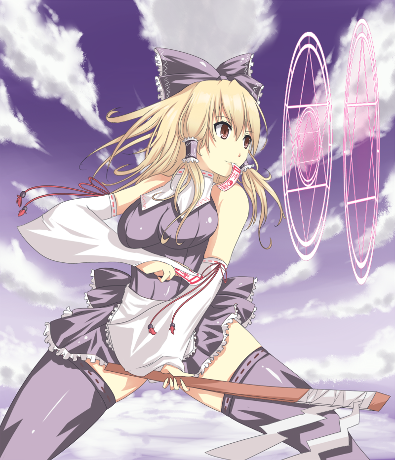 s-pot, hakurei reimu, kirisame marisa, touhou, 1girl, bare shoulders, blonde hair, bow, breasts, brown eyes, female focus, fusion, gohei, hexagram, large breasts, long hair, magic circle, mouth hold, outdoors, sky, solo, thighhighs, zettai ryouiki